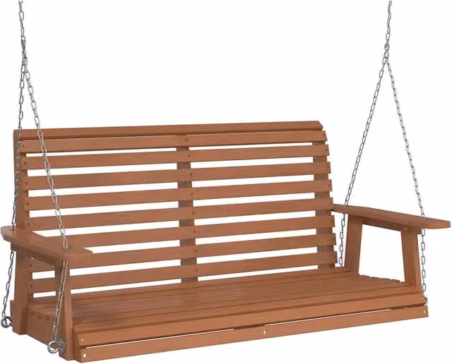 Panchina a dondolo da giardino in legno di pino e metallo marrone con braccioli e design rustico