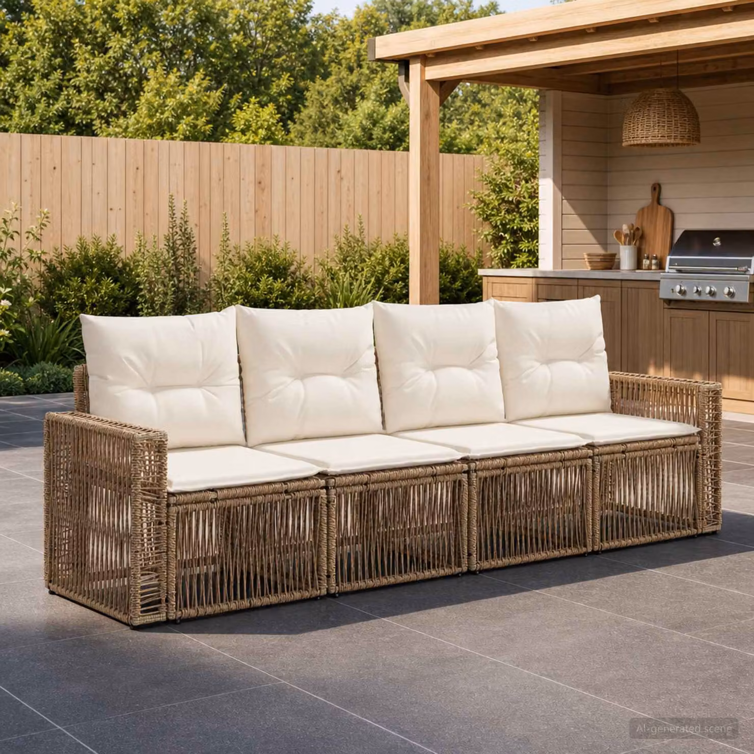 Set Divano da Giardino vidaXL 4 Pezzi in Polyrattan con Cuscini Beige e Bianco Crema