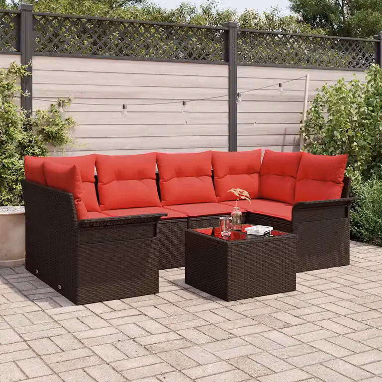 Set Divano da Giardino vidaXL 7 pz a Forma a L con Tavolino, Polyrattan e Cuscini, Marrone e Rosso