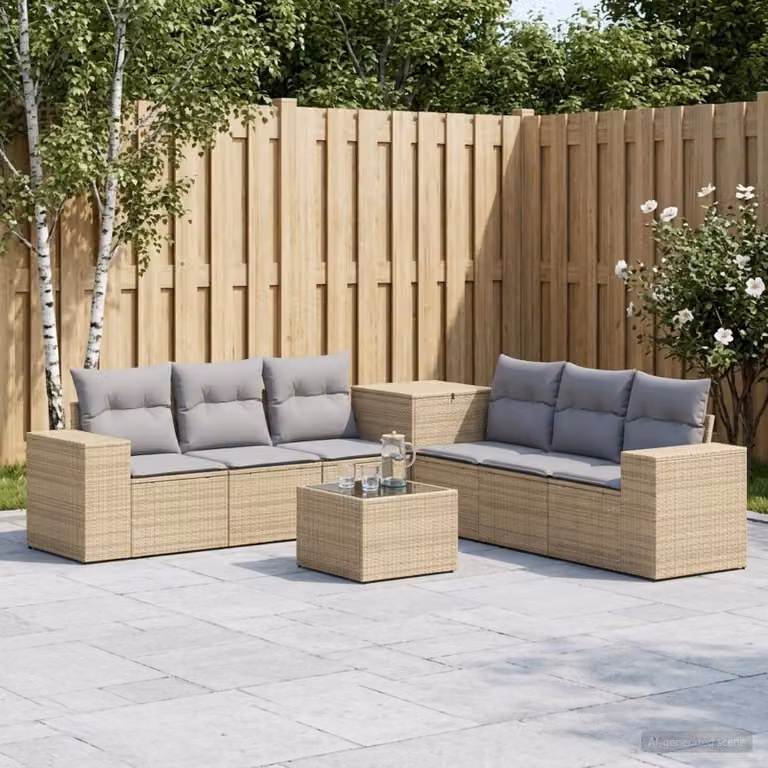 Set di divani da giardino vidaXL a forma di U in polyrattan con tavolo da caffè e cuscini, Beige e Grigio