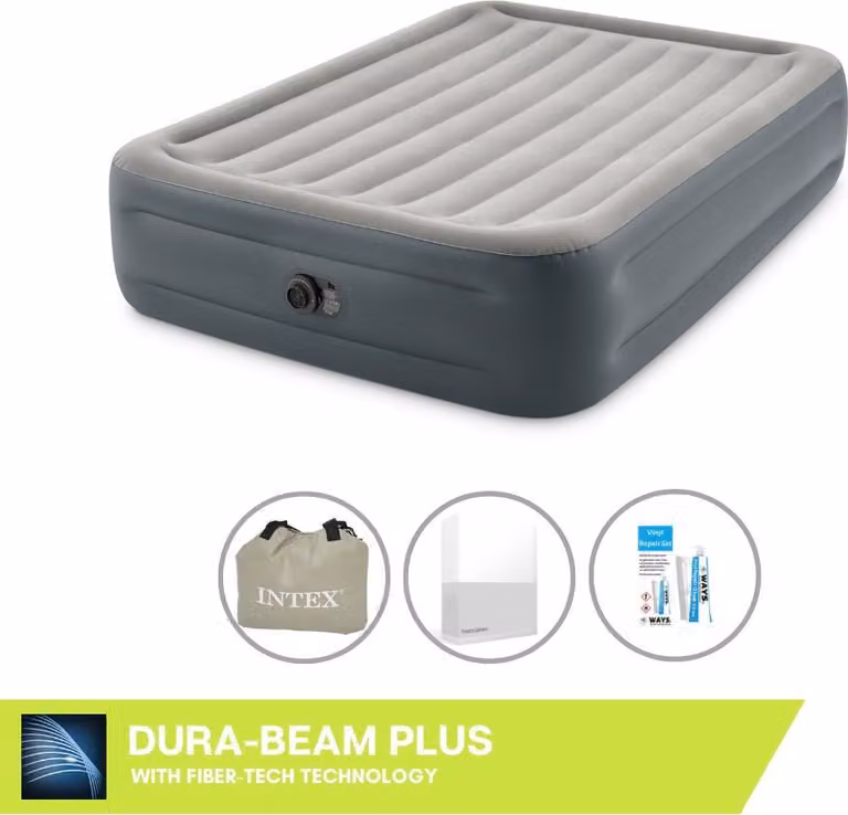 Intex Airbed - 2 persone - 152 x 203 x 46 cm - Grigio - Con pompa incorporata, lenzuolo bianco e kit di riparazione