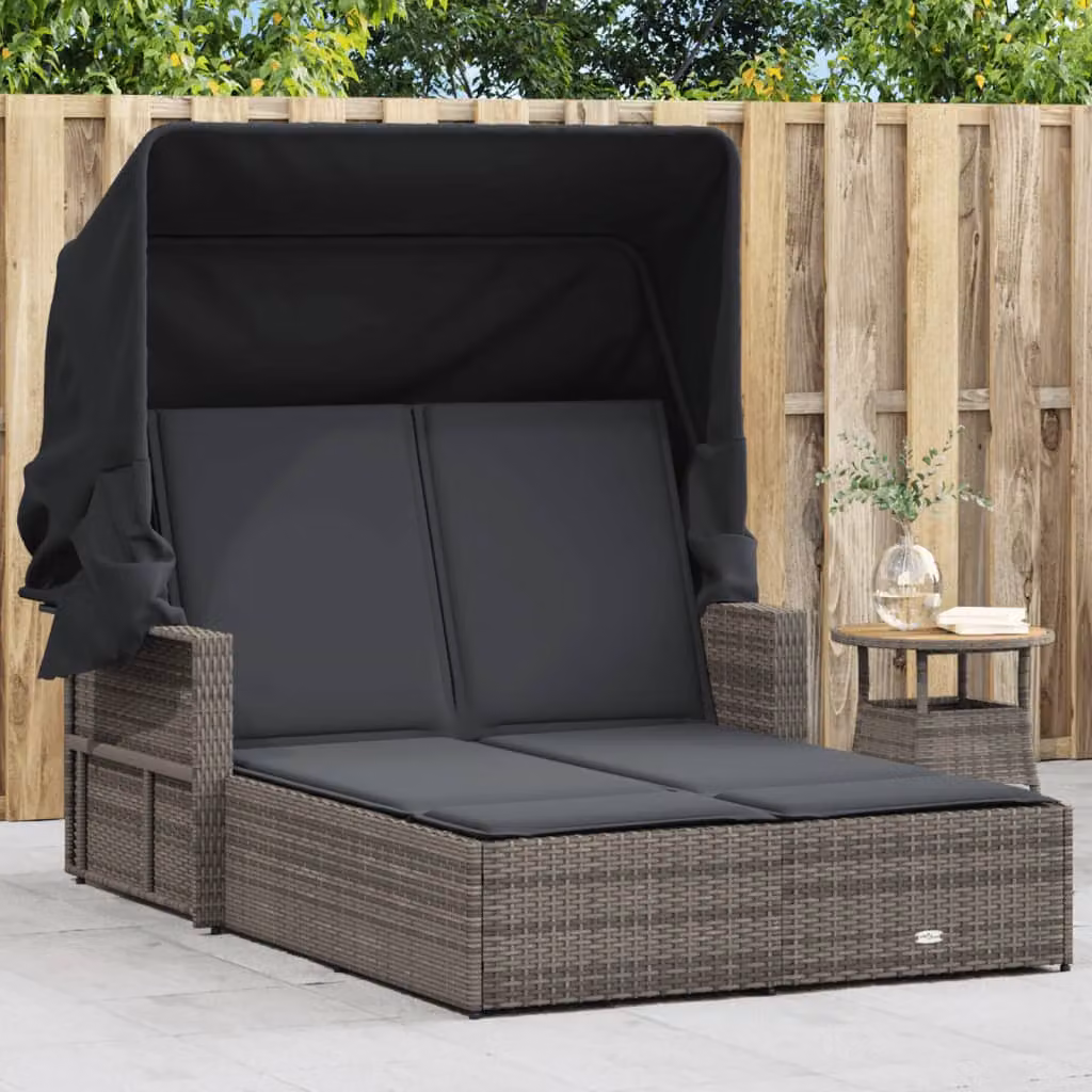 vidaXL Lettino Doppio con Baldacchino e Cuscini in Polyrattan Grigio