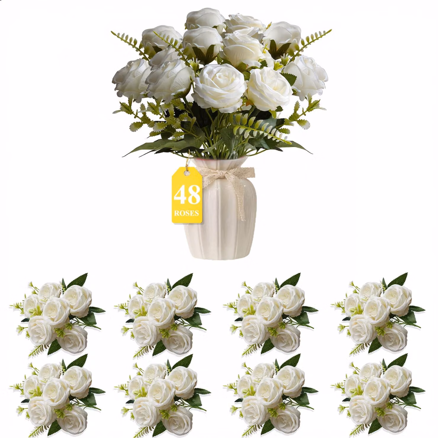 Set di 48 rose artificiali, colore bianco