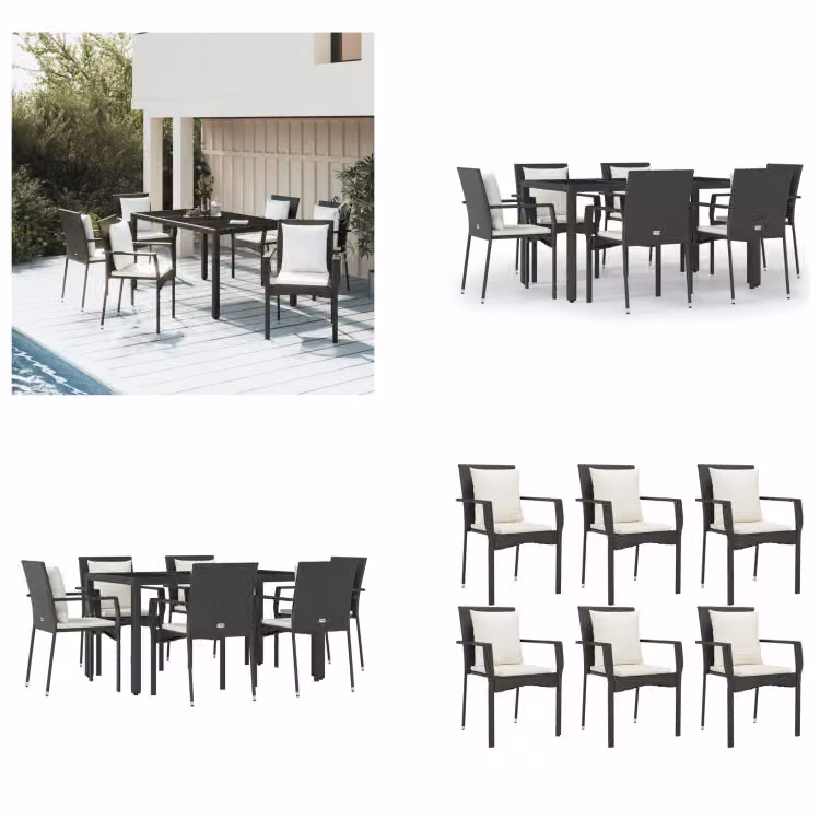 vidaXL Set da pranzo da giardino 7 pezzi con cuscini in poly rattan nero - Set da pranzo da giardino - Set da pranzo da giardino - Set da pranzo da terrazza