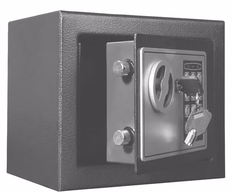 Cassaforte elettronica, capacità 4,6 litri, dimensioni esterne 23x17x17 cm, dimensioni interne 22x16x13,5 cm, peso 2,7 kg, tipo di serratura: combinazione digitale e chiave