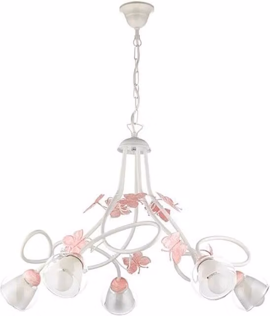Lampadario a sospensione Butterfly rosa con 5 luci E14 in metallo e vetro