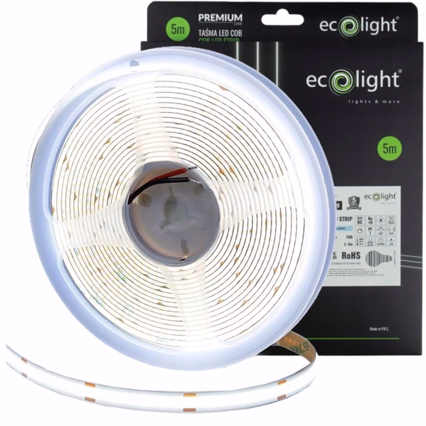 Striscia LED COB, luce uniforme, 480 LED, 24V, 12W/metro, 1560 lumen/metro, luce bianca fredda (6000K), grado di protezione IP20, lunghezza 5 metri