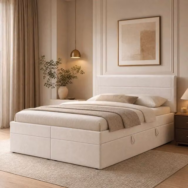 Letto matrimoniale imbottito 140 × 200 cm con rete a doghe in metallo vano contenitore apribile beige