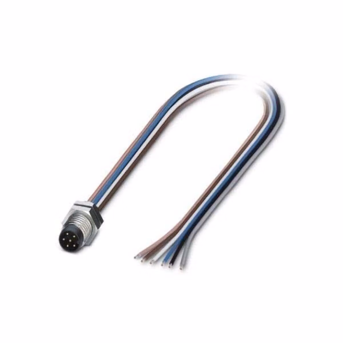 "Connettore a flangia M8, avvitabile frontalmente, per cavi a fili intrecciati da 0,14 mm², 6 poli."