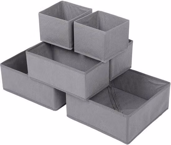 Set di contenitori in tessuto grigio, 6 pezzi, contenitori pieghevoli per la biancheria
