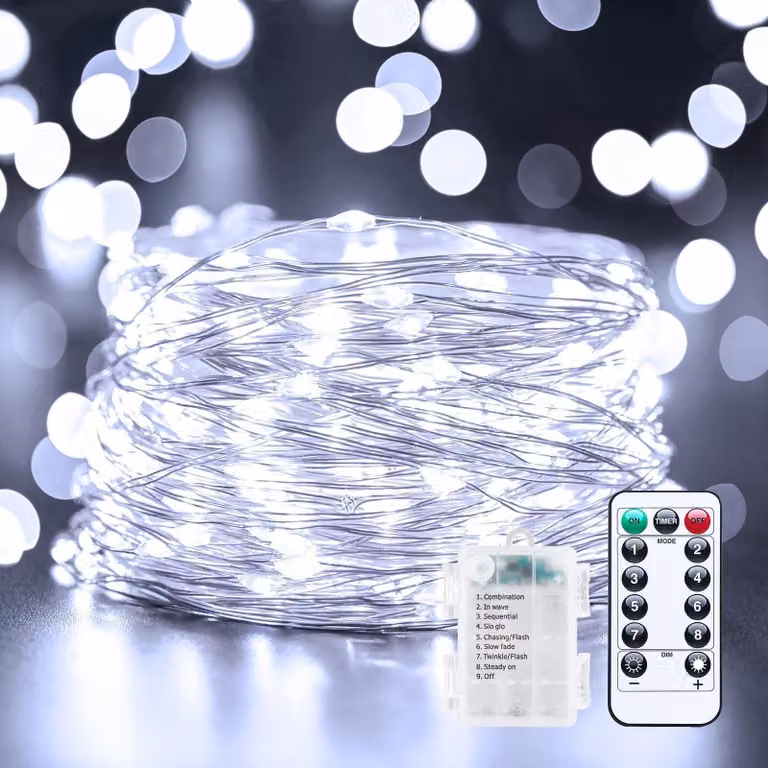 Catena luminosa da 10 metri, con 100 LED, alimentata a batteria, luce bianca fredda