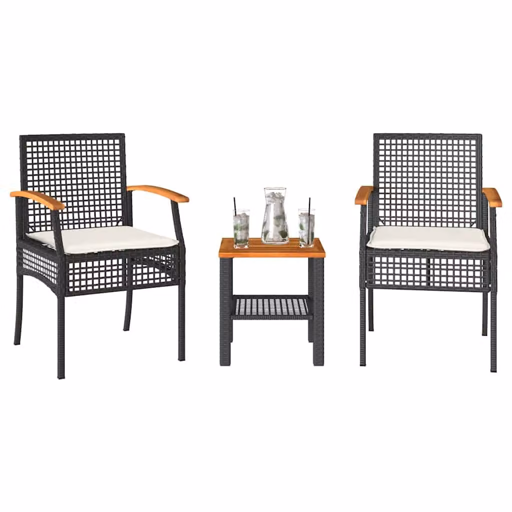 Set da Bistrò vidaXL 3 pz Moderno in Polyrattan e Legno di Acacia con Cuscini Nero e Marrone
