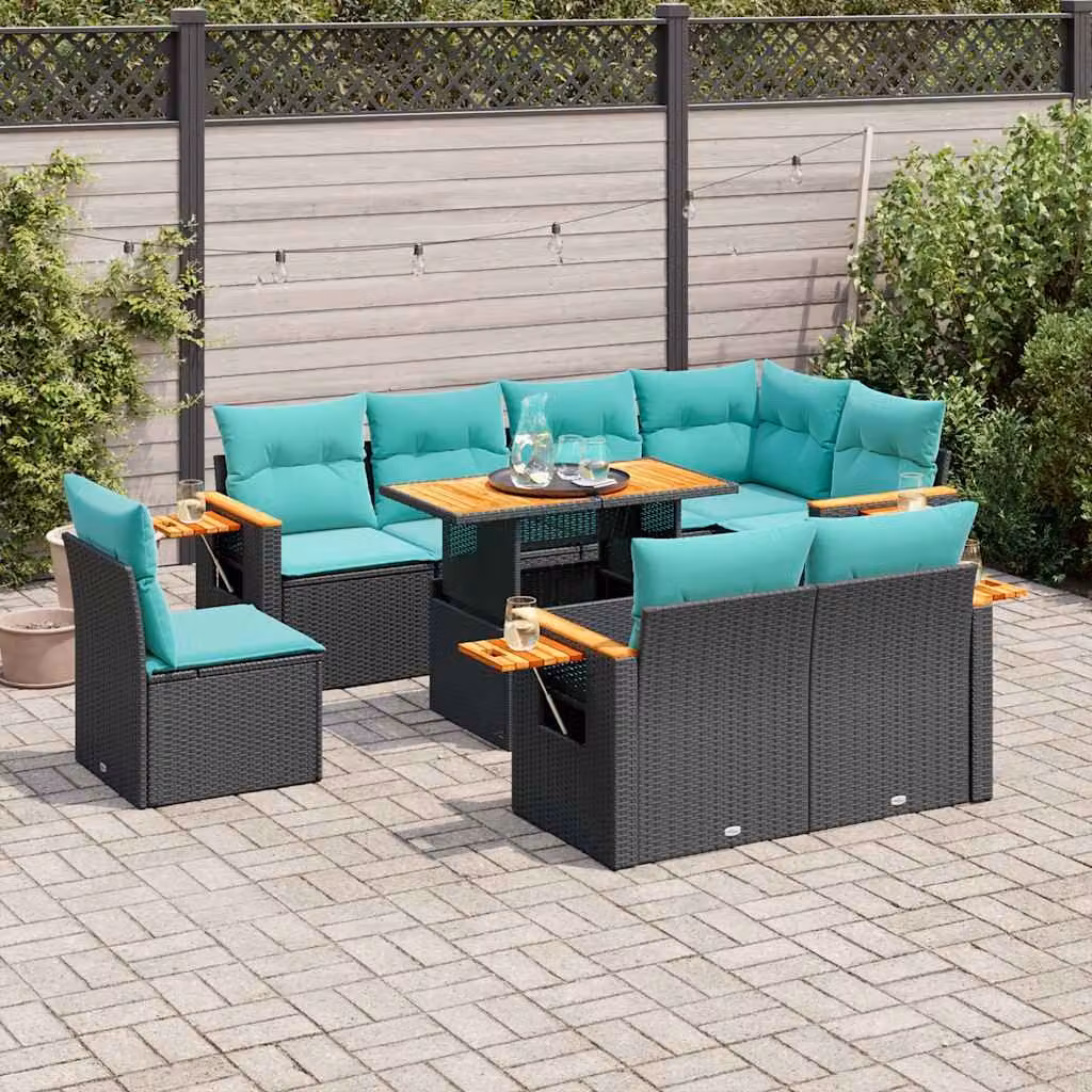 Set di divani da giardino vidaXL 9 pz in polyrattan e legno di acacia con cuscini blu e nero