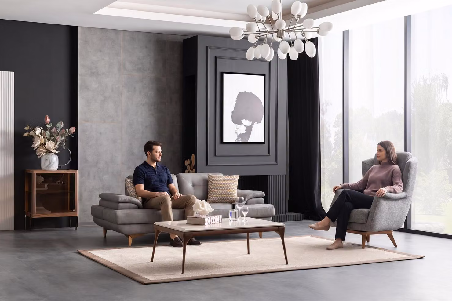 Divano a due posti, poltrona, design moderno, colore grigio, elegante set di divani