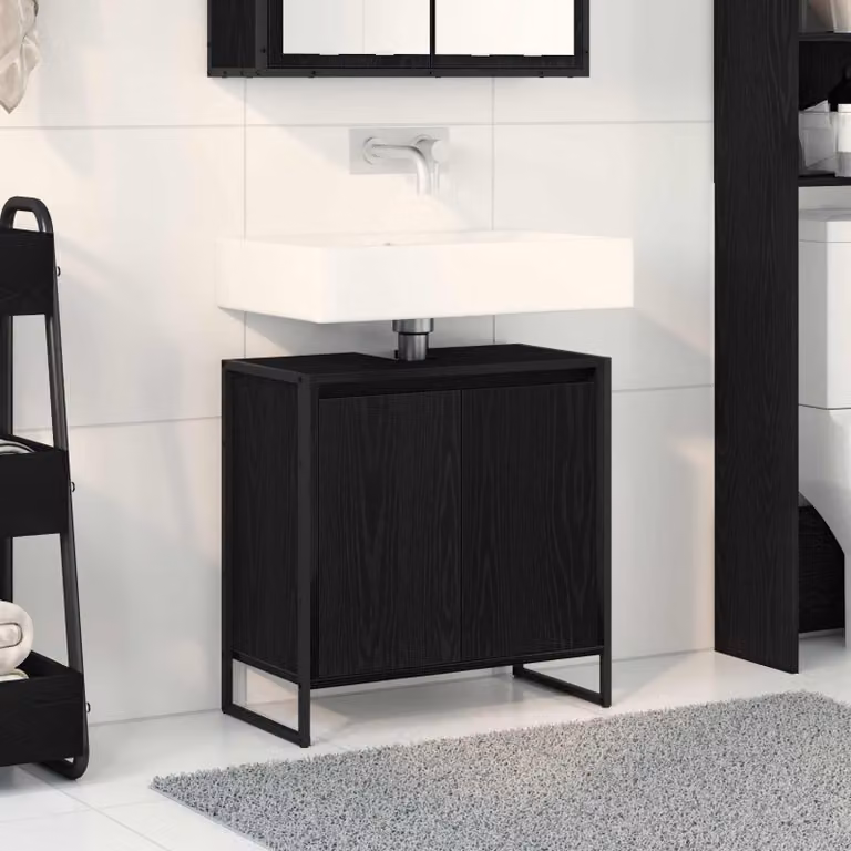 Mobile da bagno vidaXL in stile industriale, colore nero e rovere, con ante a cerniera, L 60 x P 30 x H 60 cm