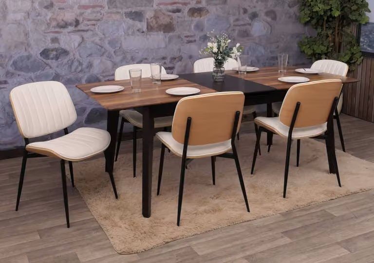 Set di 6 sedie da pranzo modello HWC-O44, sedia per cucina, materiale: legno massello, rivestimento: ecopelle, colore: naturale, bianco