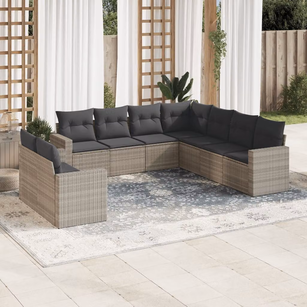 vidaXL Set Divano da Giardino a L in Polyrattan Grigio con 9 Cuscini Imbottiti e Rivestimenti Rimovibili – 1