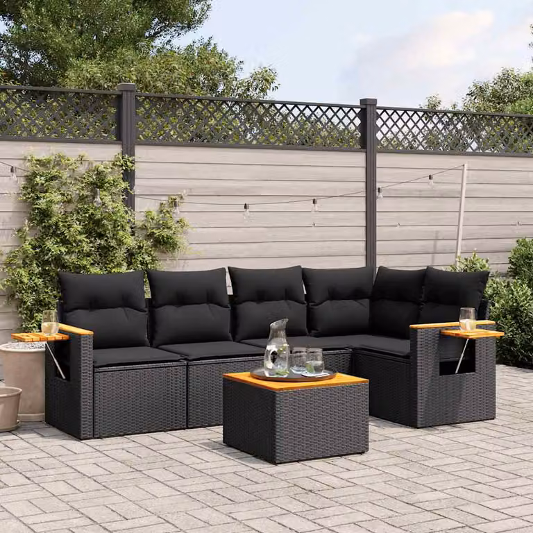 Set Divano da Giardino vidaXL 6 pz a L in Polyrattan Nero con Cuscini e Tavolino