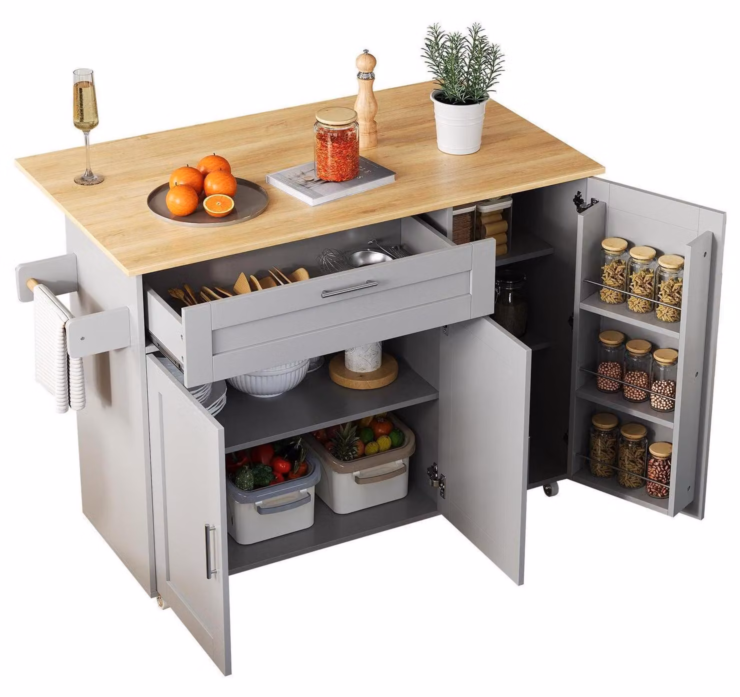 Tavolo da cucina mobile con piano pieghevole, finitura effetto legno di quercia, 2 ante, 1 cassetto, ripiano per spezie, portasciugamani, 5 ruote, colore grigio