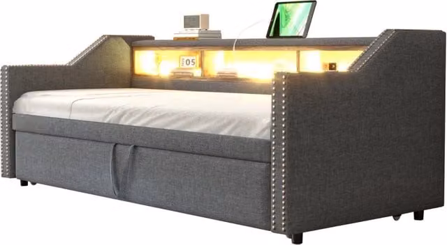 Letto estraibile imbottito 90/180x190 cm con LED; USB e ripiani; grigio scuro