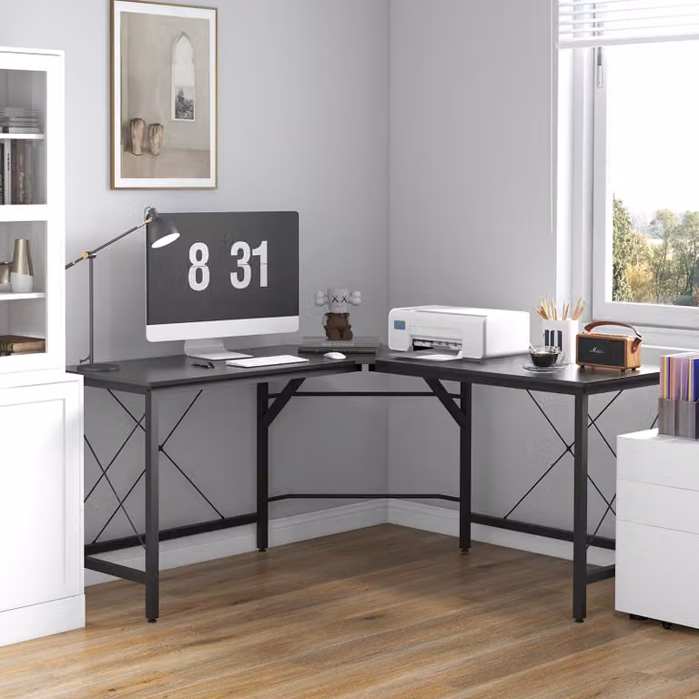 okwish Scrivania da lavoro a forma di L scrivania ad angolo scrivania da ufficio con struttura in acciaio e piano idrorepellente, scrivania per computer scrivania angolare per configurazione da gioco, nero