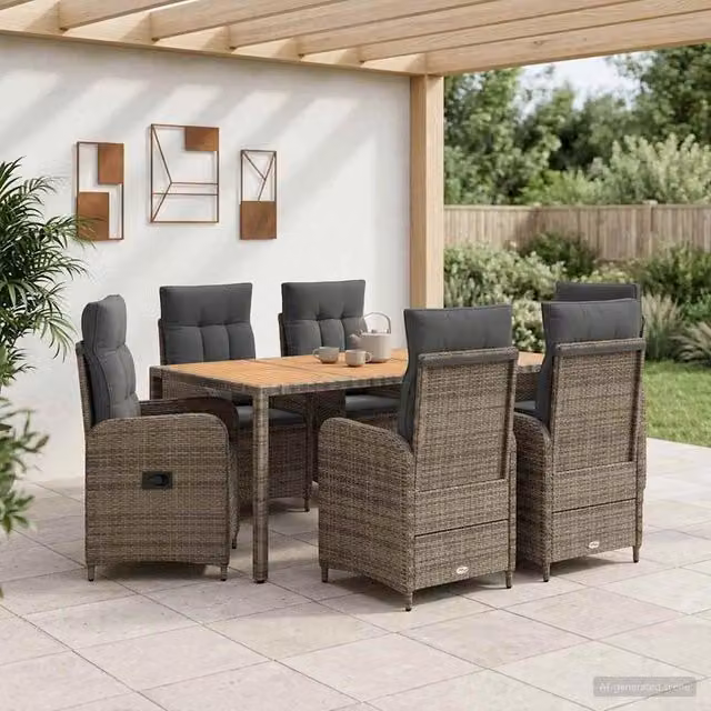 Set da pranzo per esterni vidaXL in polyrattan e legno di acacia grigio, 7 pezzi