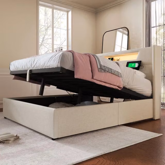 Letto matrimoniale MODFU in tessuto beige con contenitore, illuminazione LED e porte di ricarica USB e Type C, L/P: 160 x 200 cm – 1