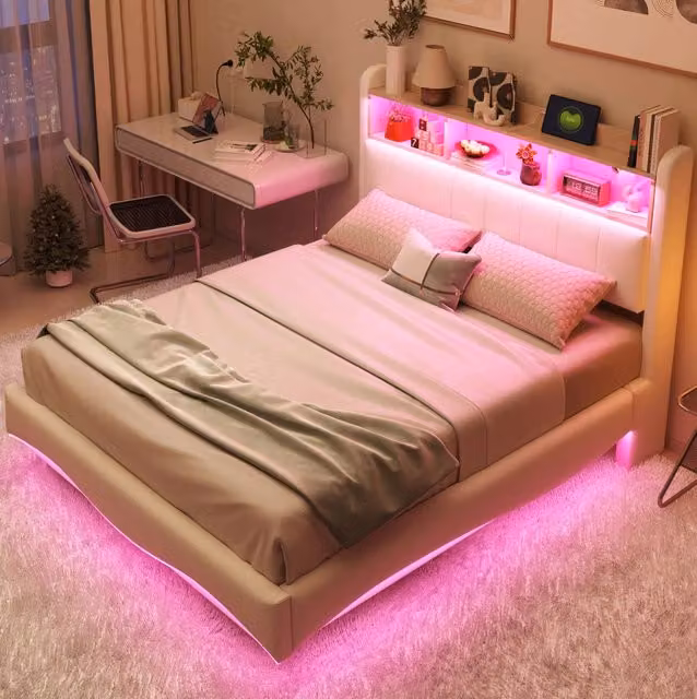 Letto imbottito sospeso 140x200 cm con LED; USB; Type-C e vano portaoggetti; beige