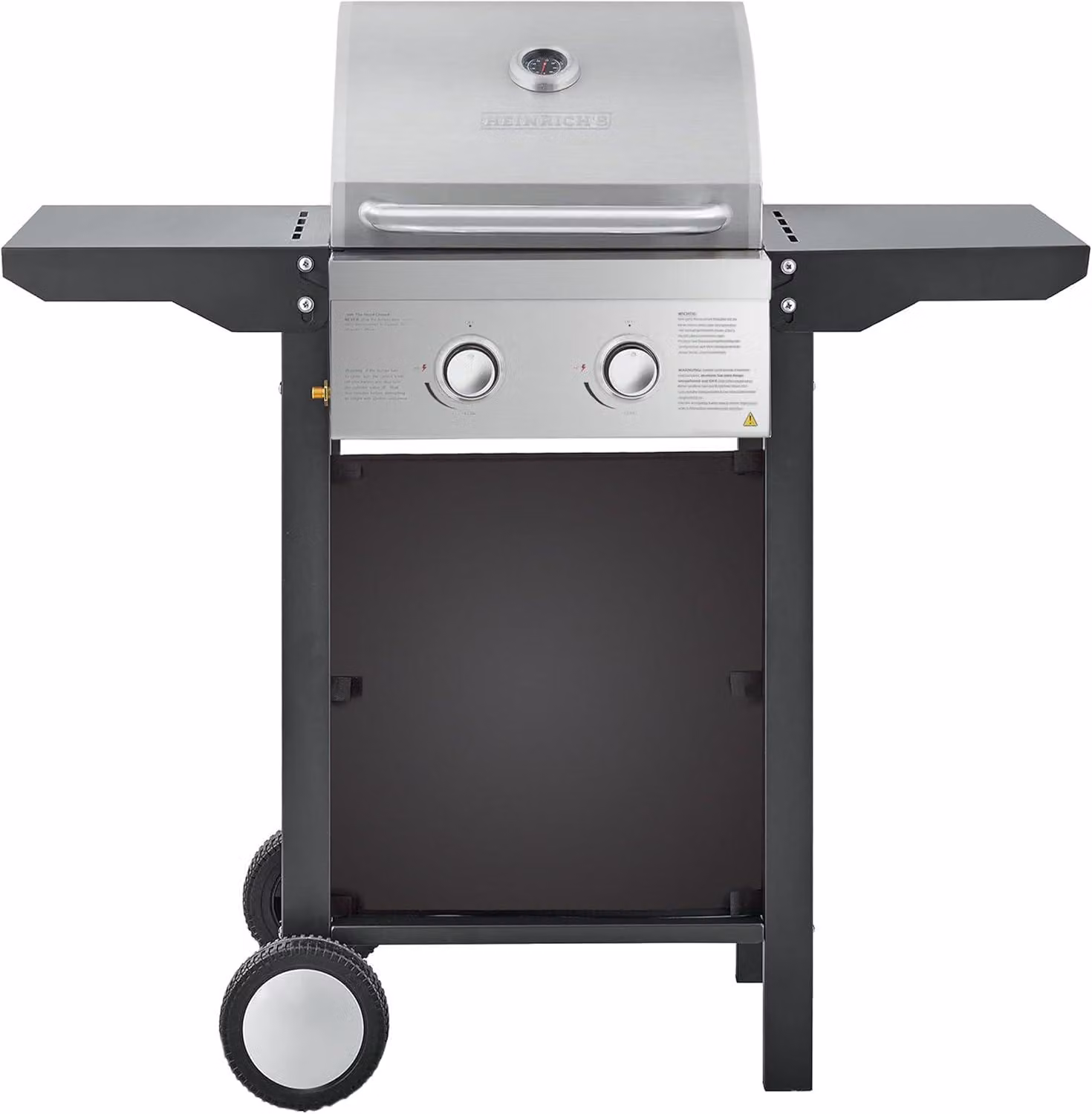 Barbecue a gas HEINRICHS, carrello barbecue, 2 bruciatori in acciaio inossidabile, barbecue da balcone su 2 ruote, barbecue da esterno, griglia per barbecue, ripiano laterale ribaltabile, regolazione continua della temperatura, indicatore di temperatura H