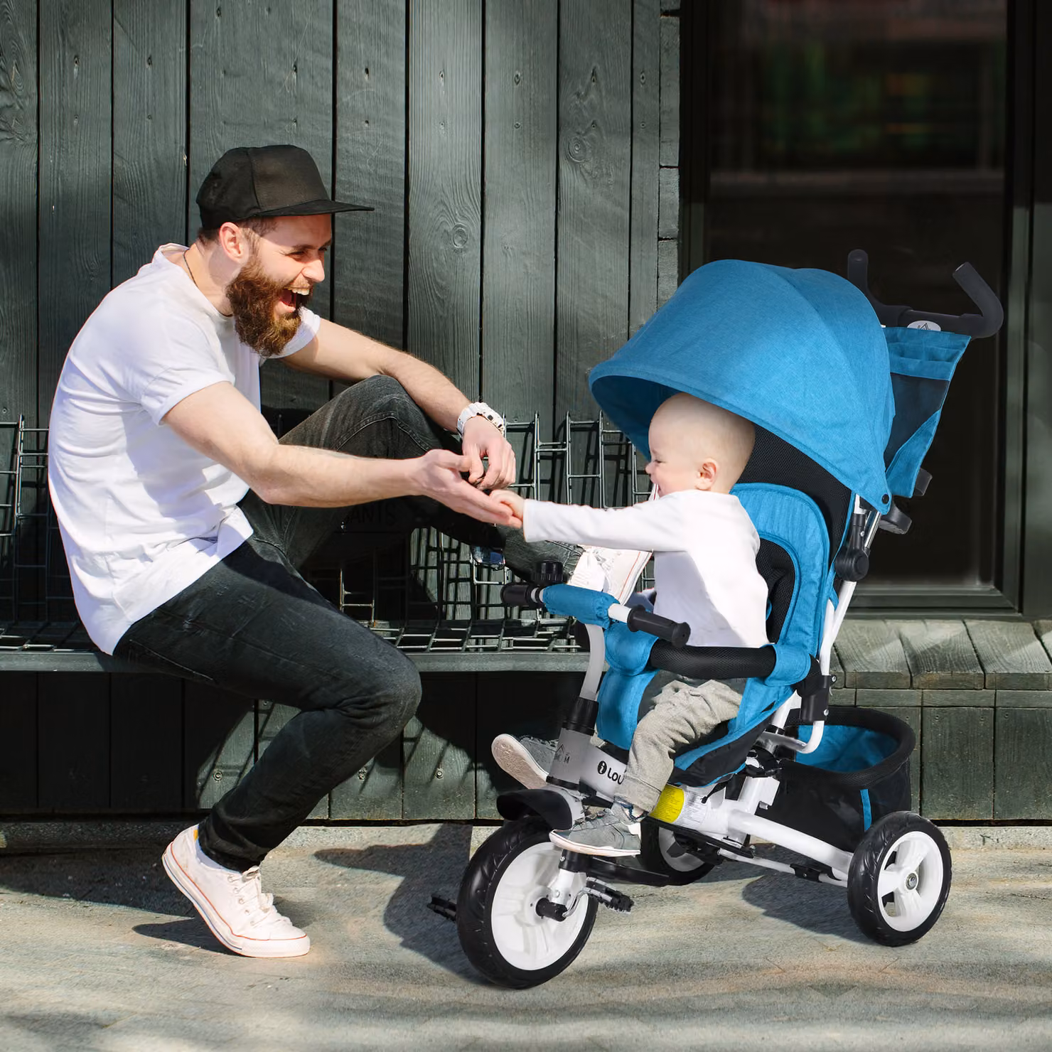 Triciclo per bambini HOMCOM in metallo con parasole, cestino posteriore e portabevande, colore azzurro – 2