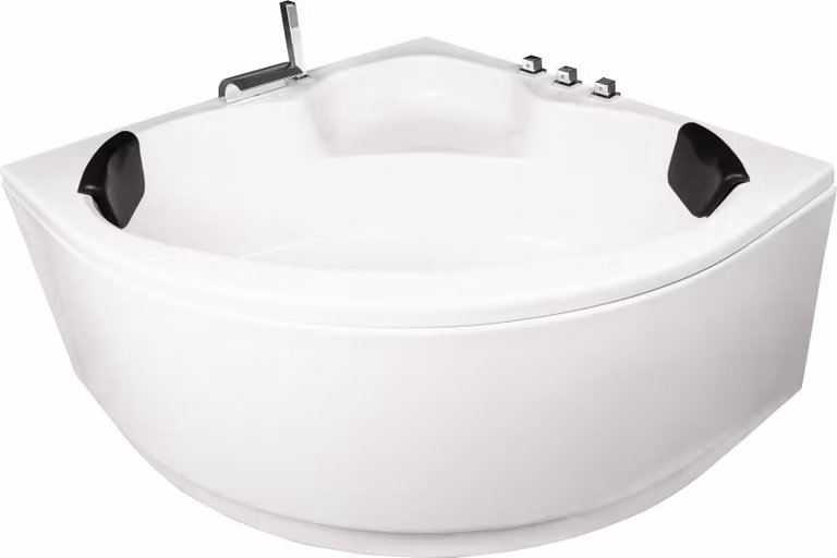 Vasca da bagno angolare Basera Maui 130 x 130 cm con cascata, ambiente LED e poggiatesta