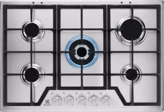 Piano cottura a gas Electrolux KGS7536SX Serie 600 Slim Line, 5 fuochi con bruciatore Wok e griglie in ghisa, Acciaio Inox Silver