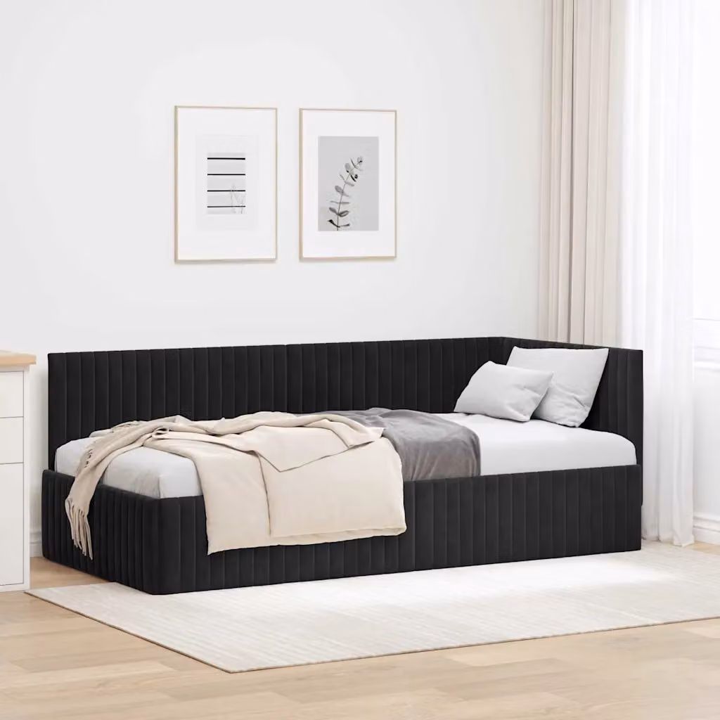 vidaXL Letto ad angolo asimmetrico in velluto nero con struttura in legno e doghe L/P/H: 190 x 90 x 72 cm – 1