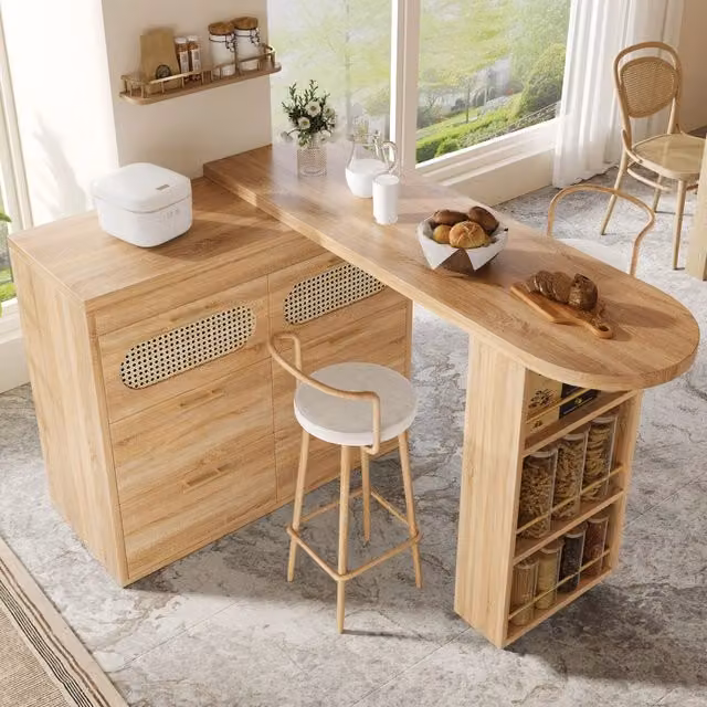 Tavolo da bar estensibile Vovees Living con piano girevole 360 e 6 cassetti in MDF e ante in rattan, colore marrone – 1