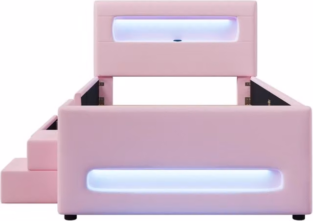 Letto a piattaforma imbottito rosa 90x200 cm con cassetti, scaletta, luci LED e tasche portaoggetti