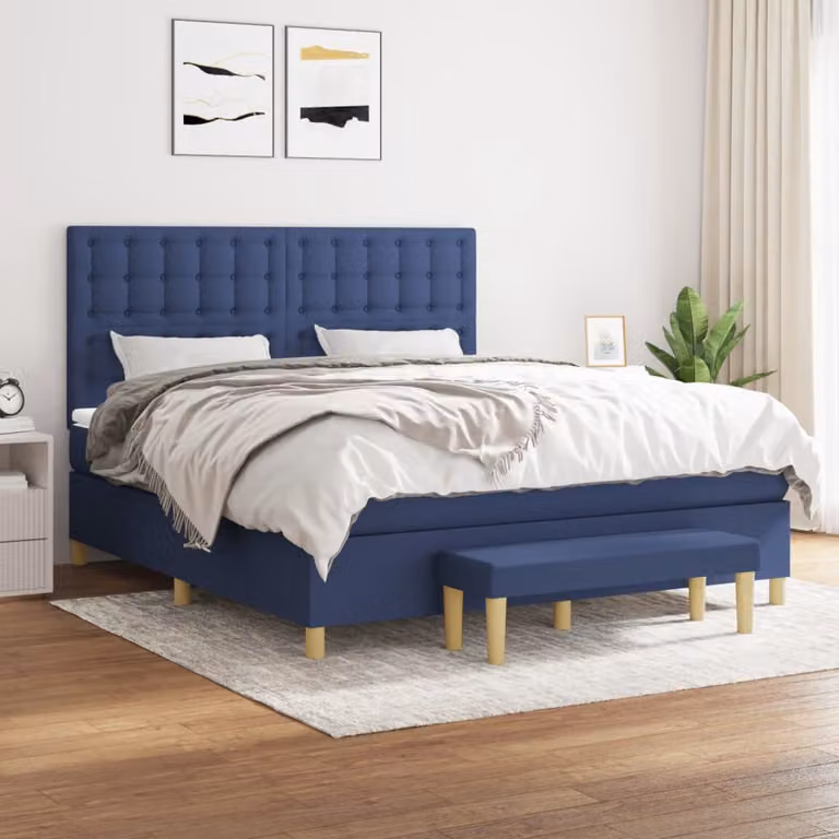 vidaXL Letto Ibrido con Giroletto a Molle e Materasso in Tessuto Blu e Bianco L/P/H: 160 x 200 x 128 cm