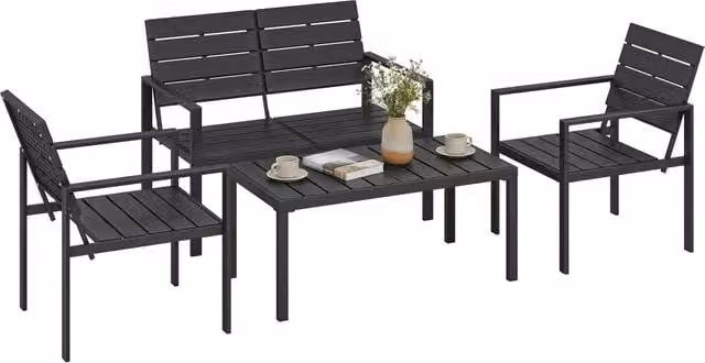 Set Salotto da Giardino 4 Pezzi in HDPE e Metallo Nero con Divanetto 2 Posti 2 Sedie e Tavolino Robusto e Facile da Montare