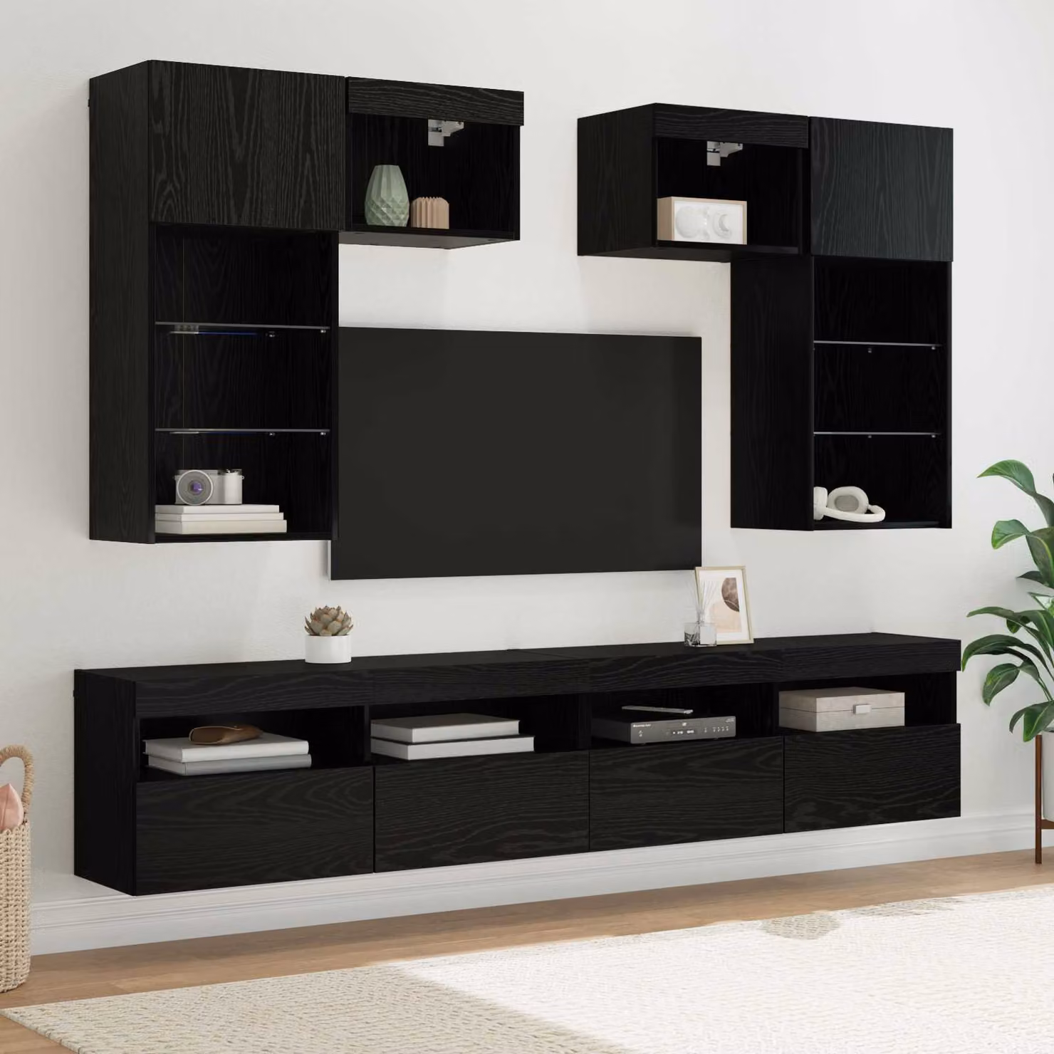 Unità per TV a muro moderna vidaXL in 6 pezzi, colore rovere e nero con finitura opaca