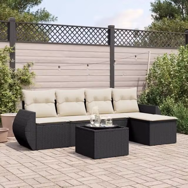 Set Divano da Giardino 6 pz con Cuscini-Sofa da Giardino-Divanetto da esterno Nero in Polyrattan 290203