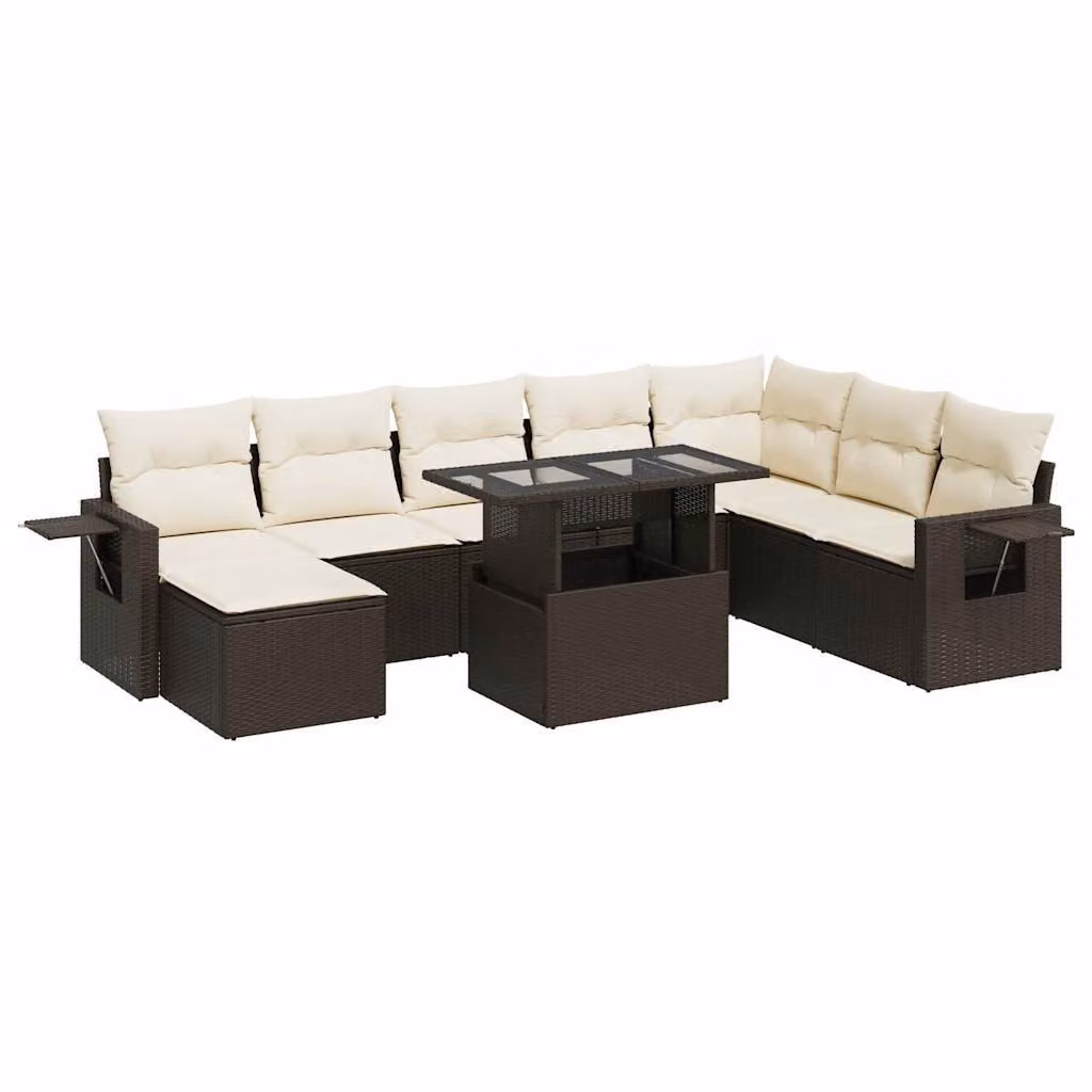 Set Divani da Giardino 9pz con Cuscini Marrone in Polyrattan