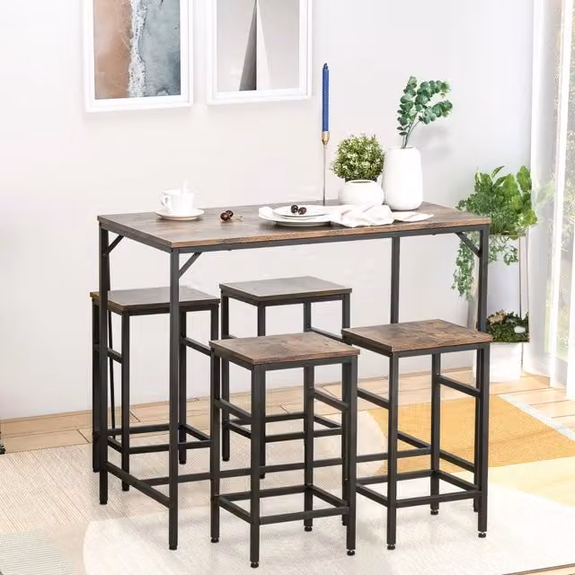 Set tavolo bar OKWISH con 4 sgabelli in stile industrial, struttura in legno e metallo, colore marrone