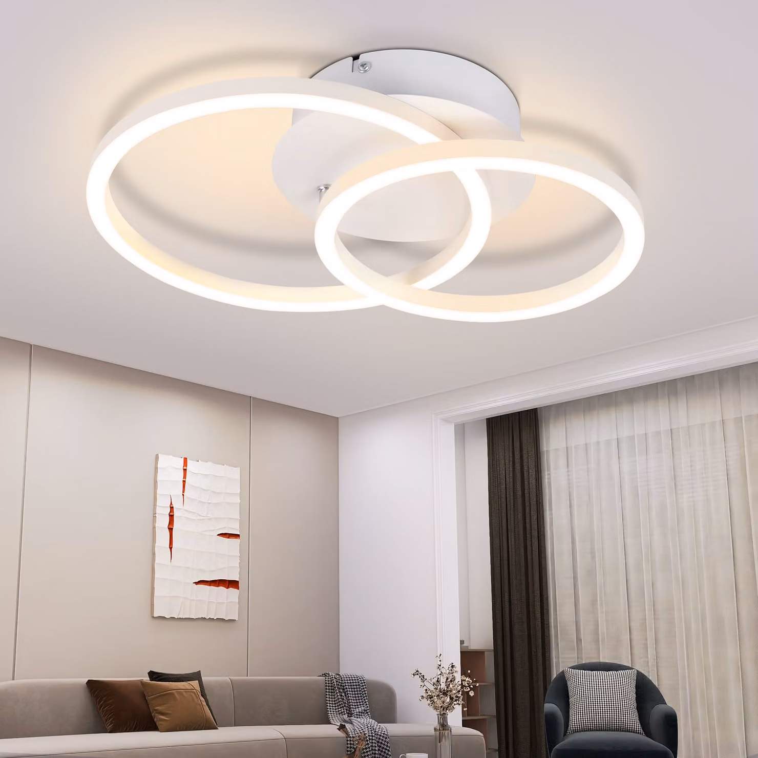 ZMH LED plafoniera camera da letto 2 anelli bianco girevole soggiorno lampada rotonda camera da letto lampada 24W 3000K bianco caldo cucina lampada per cucina