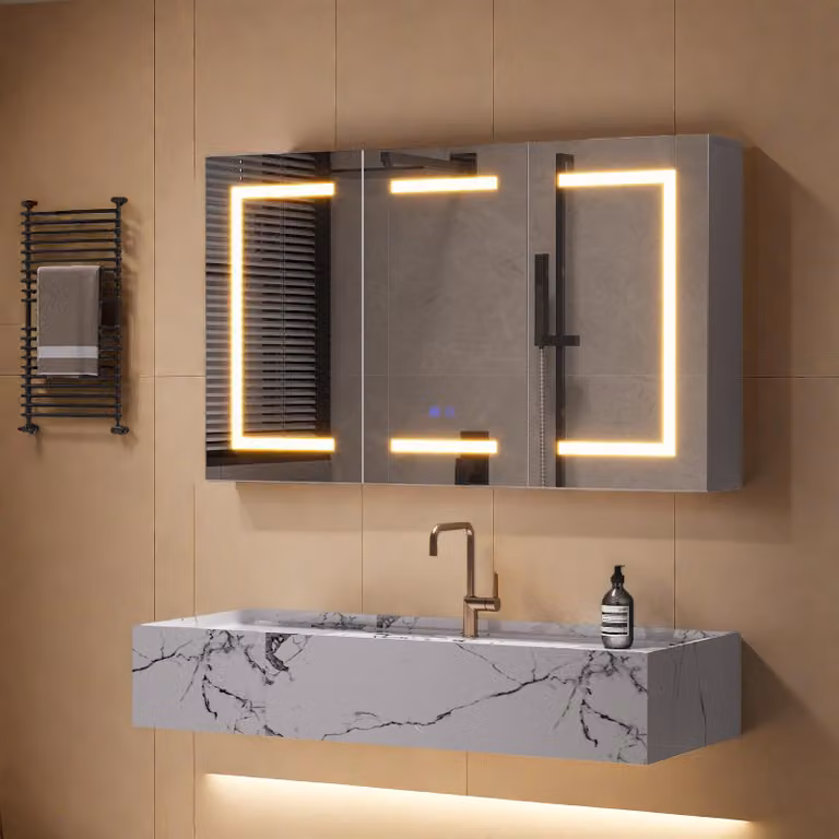INONEFT, mobiletti da bagno con specchio e illuminazione, dimensioni 100x60 cm, 3 ante, antiappannamento, presa di corrente, 3 temperature di colore, sensore touch, modello B