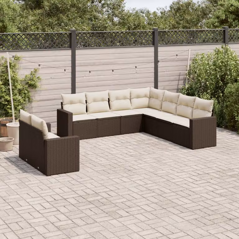 Set di divani da giardino vidaXL in polyrattan marrone con cuscini bianchi a forma di L per esterno