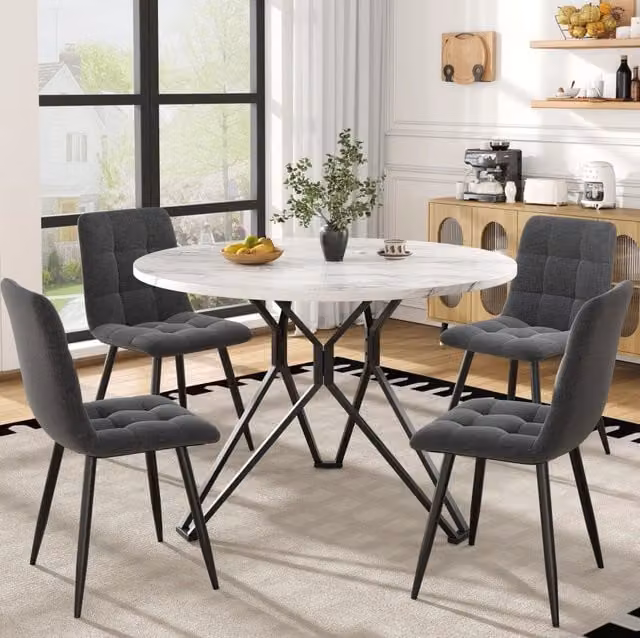 Set tavolo e 4 sedie 100 cm in MDF effetto marmo, gambe in metallo nere, grigio
