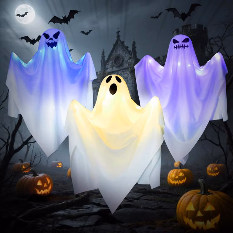 Set di 3 decorazioni a forma di sacco con motivi di Halloween, con luci LED, ideali per essere appese