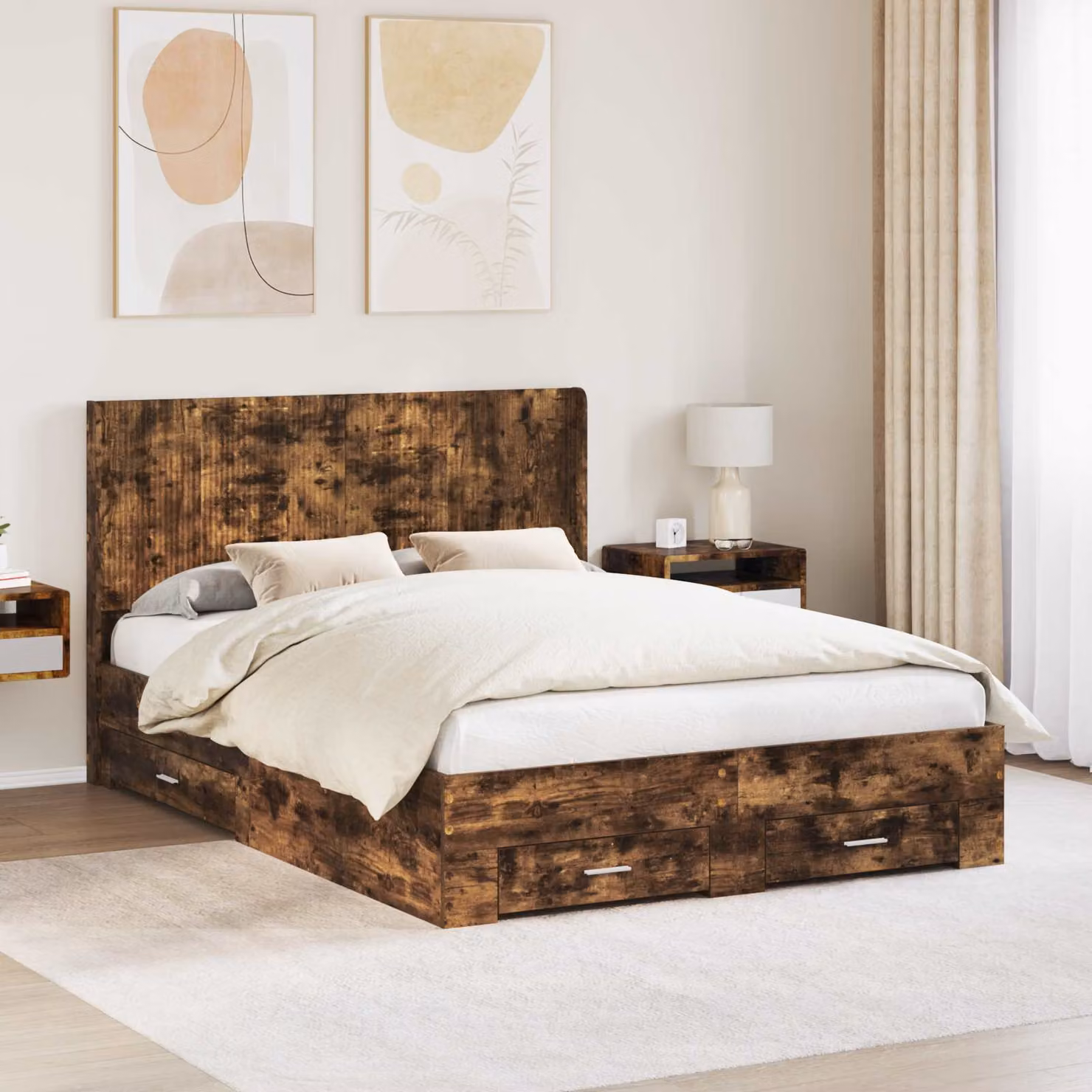 vidaXL Struttura letto moderna con contenitore e testata in Rovere Fumo, L/P/H: 140 x 190 x 146,5 cm