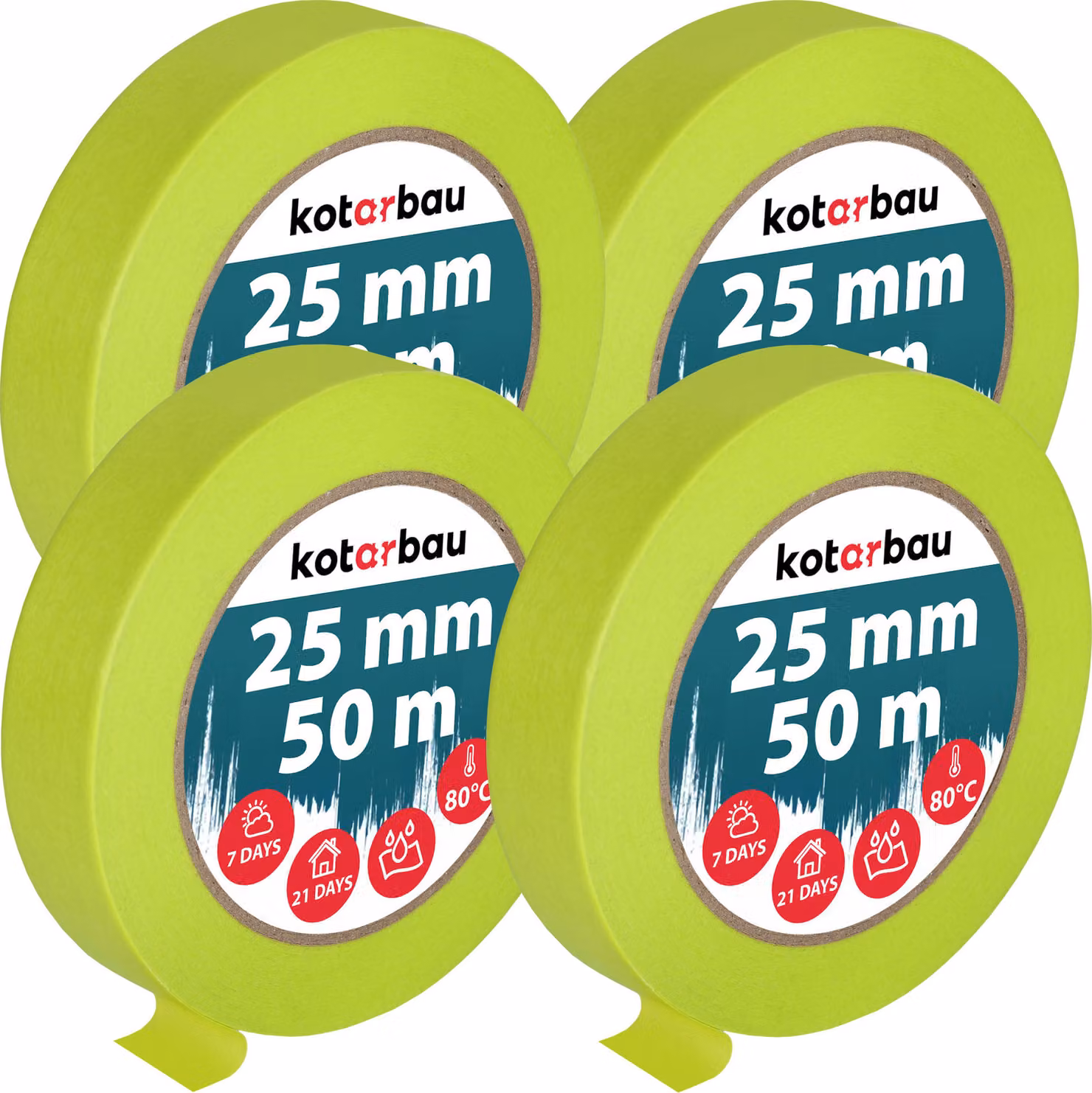 KOTARBAU® Set di 4 nastri per mascheratura al neon Nastro per mascheratura da 50 m Nastro per mascheratura da 25 mm Nastro per pittori Accessori per pittori Carta crespa verde fluorescente Articoli per la pittura