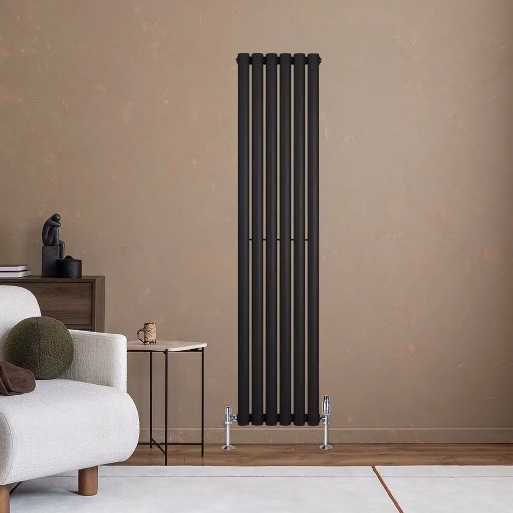 Radiatore Verticale Ovale Monstershop in Acciaio Nero con Valvola Termostatica e Staffa a Parete H: 160 cm, L: 36 cm – 2