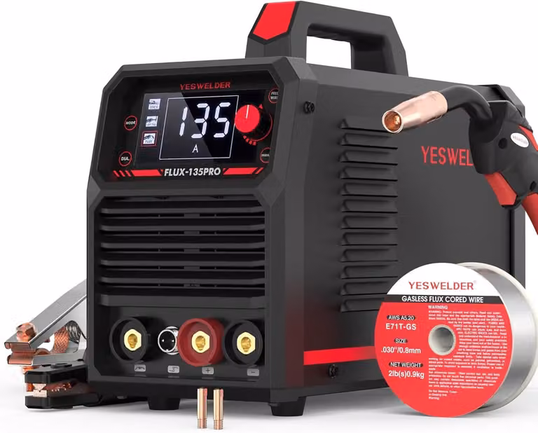 Saldatrice inverter 135 Ampere, 3-in-1, senza gas, MIG, MMA, TIG, con display digitale e controllo sinergico